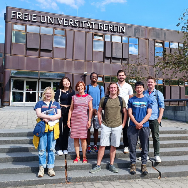 Autumn 2022 group poses for a photo in front of Freie Universität Berlin