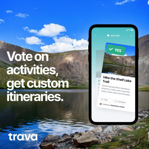 Image of cell phone and scenic view of nature with text, "Vote on activities, get custom itineraries."