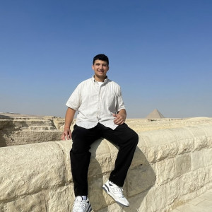 The author sits on a stone wall. In the distance behind him, a sphinx can be seen on the left, and two pyramids can be seen on the right.